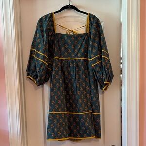 NWT ENTRO Green Floral Puff-Sleeve Dress with Gold Trim